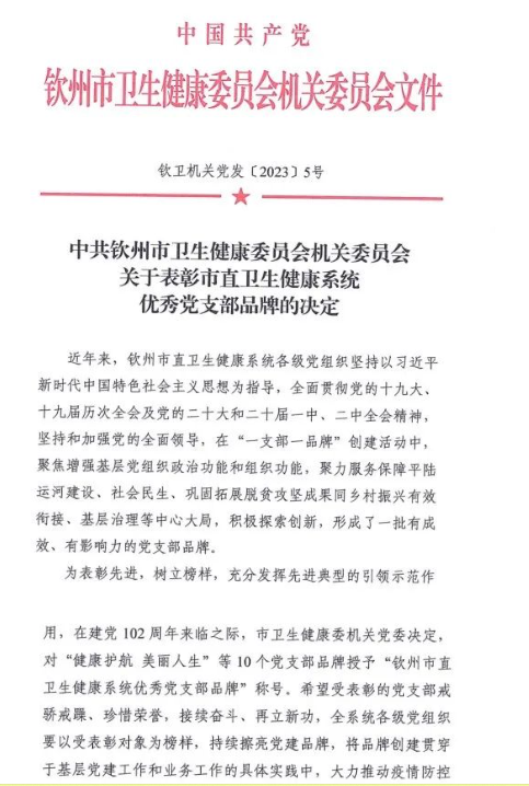 喜报！我院第六党支部获全市卫生健康系统优秀党支部品牌荣誉称号